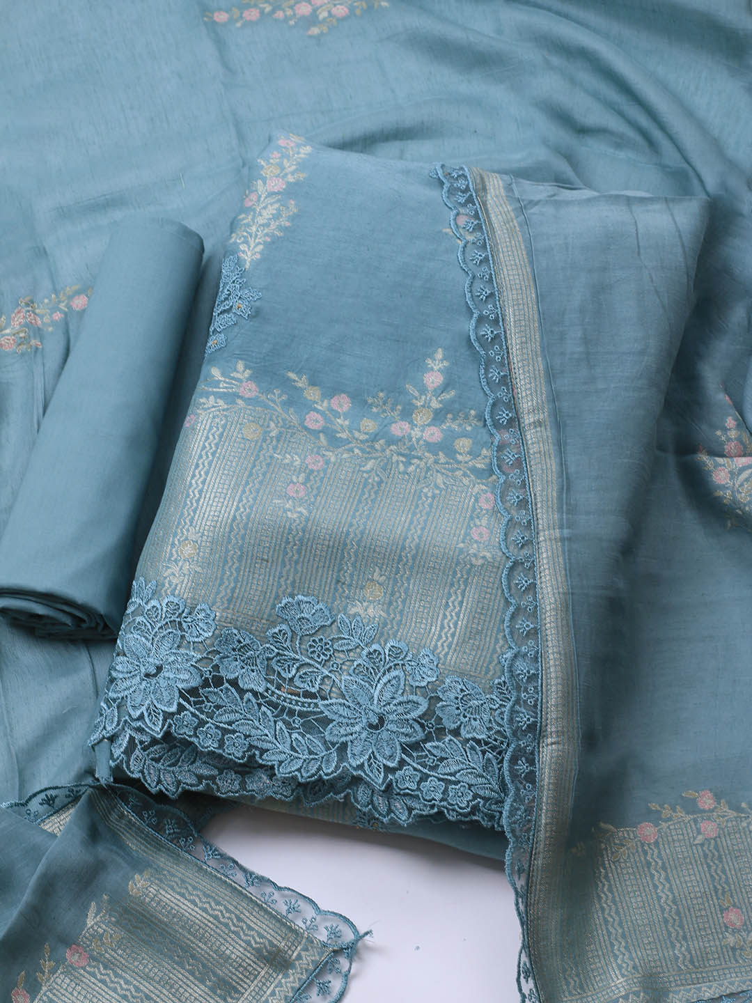 Embroidery Linen Unstitched Suit With Dupatta