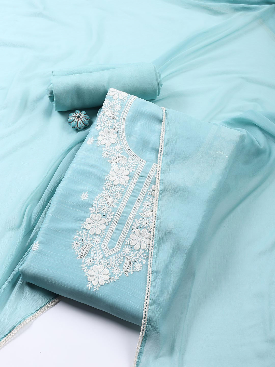 Neck Embroidered Chanderi Unstitched Suit With Dupatta