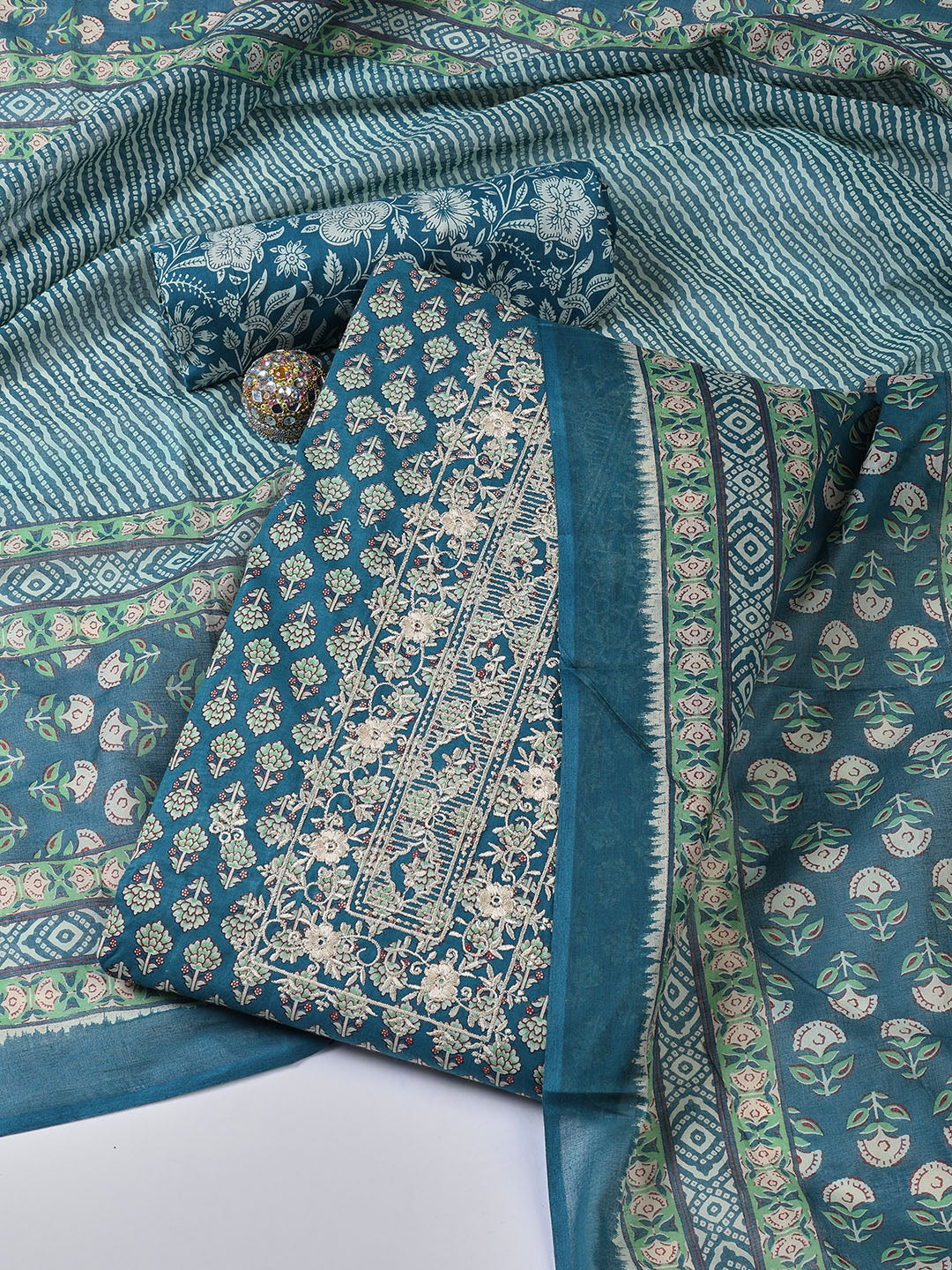 Floral Printed Cotton Unstitched Suit With Dupatta