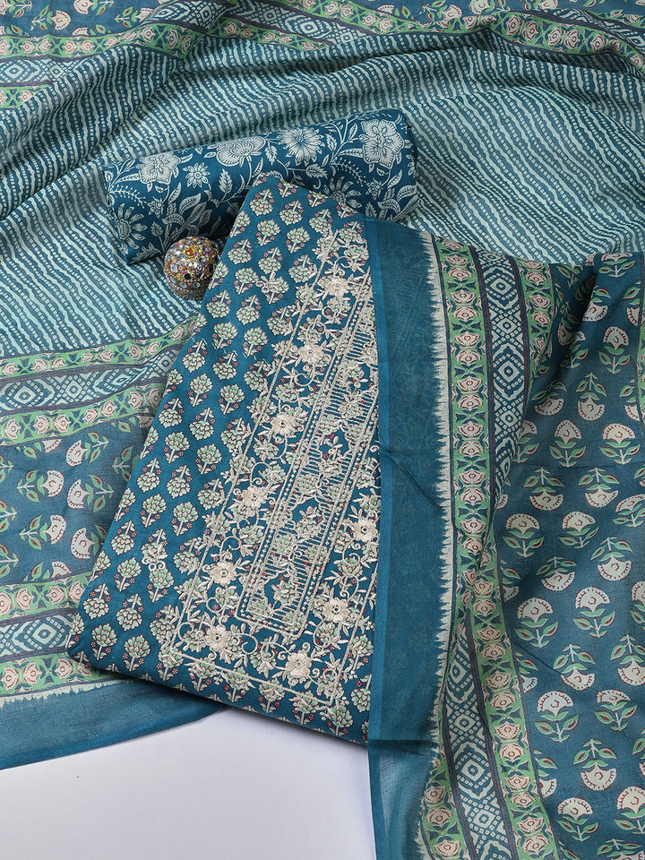 Floral Printed Cotton Unstitched Suit With Dupatta