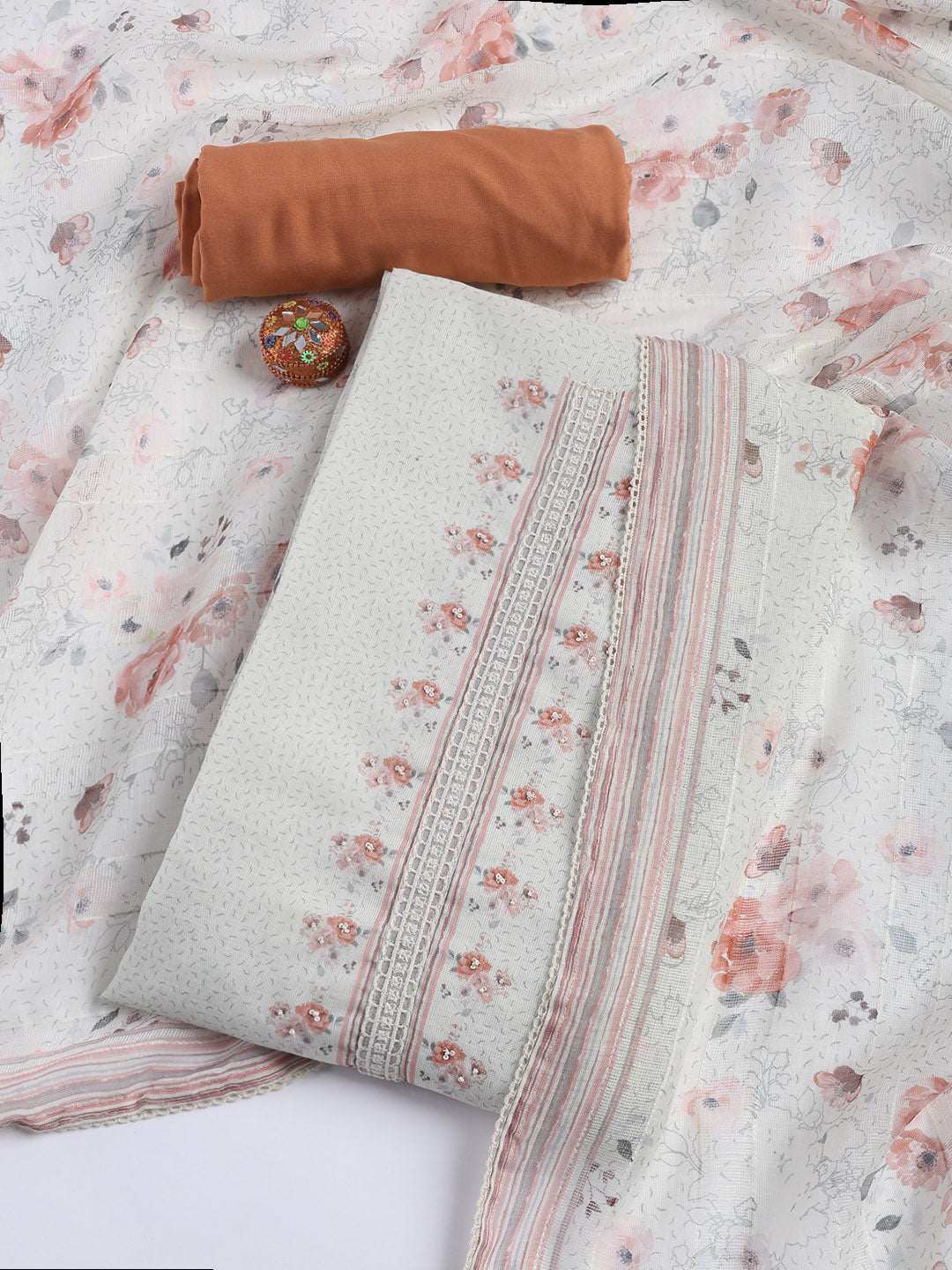 Printed Cotton Blend Unstitched Suit With Dupatta