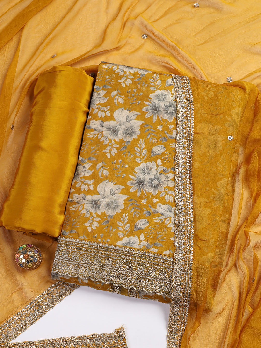 Printed Embroidered Muslin Unstitched Suit With Dupatta