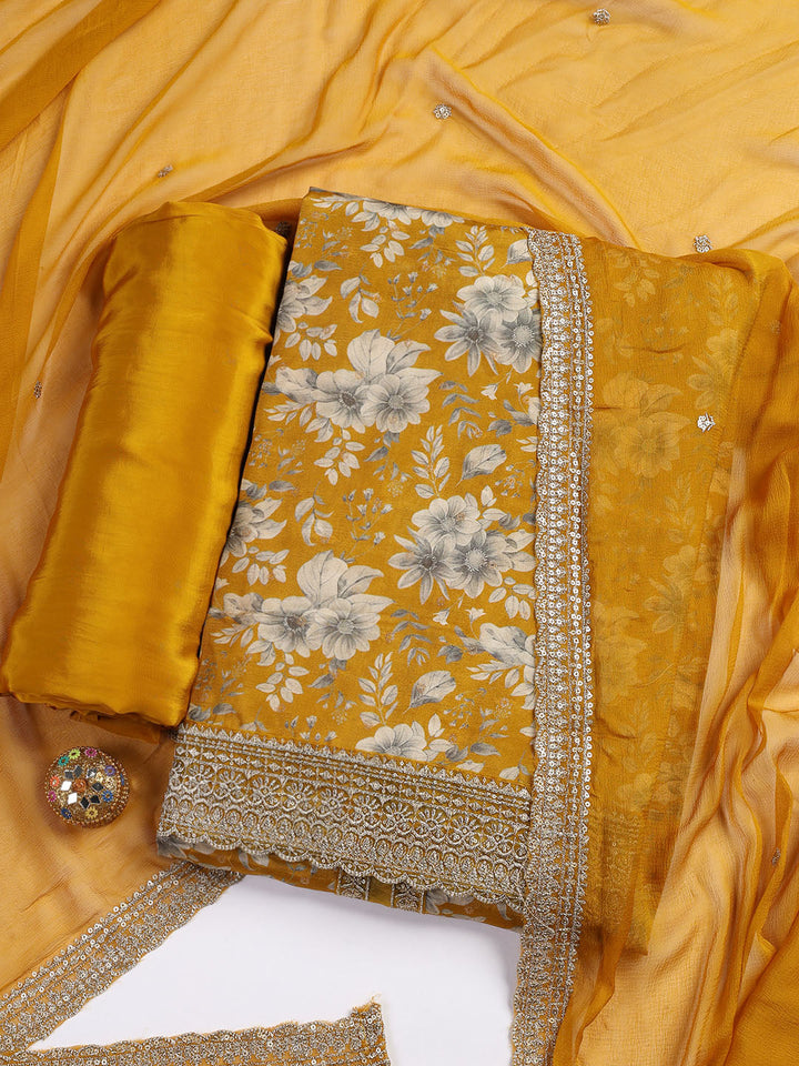 Printed Embroidered Muslin Unstitched Suit With Dupatta