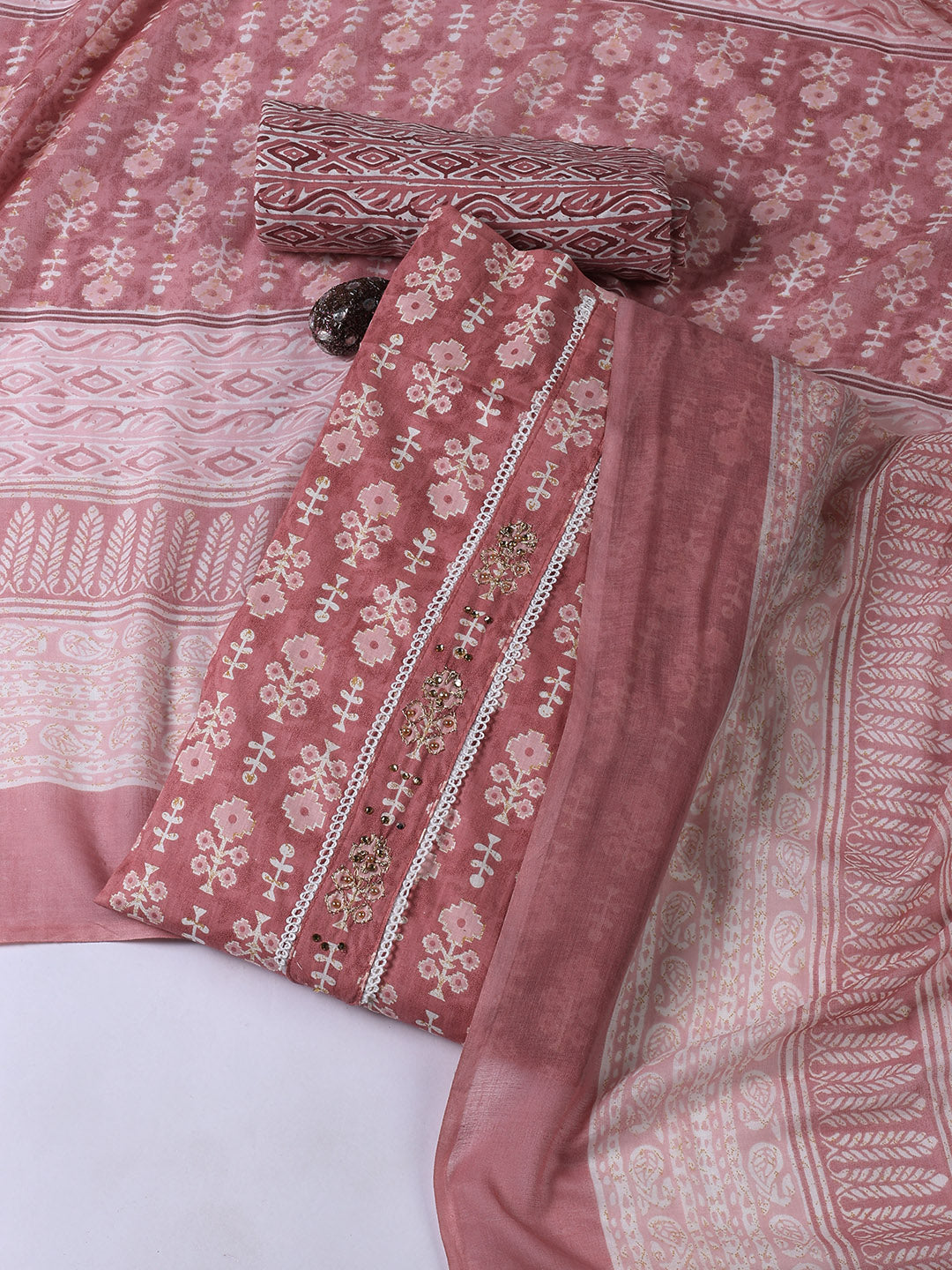 Neck Patti Cotton Blend Unstitched Suit With Dupatta