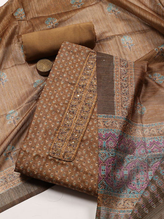 Neck Embroidered Chanderi Unstitched Suit With Dupatta