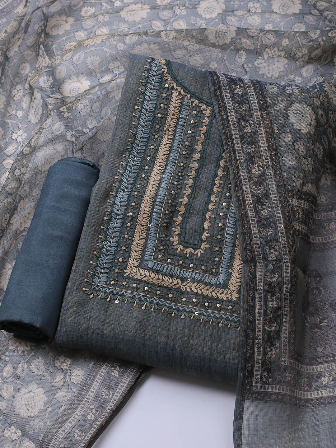 Embroidered Tissue Unstitched Suit Piece With Dupatta