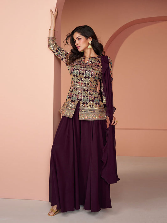 Embroidered Sequin Georgette Kurta With Palazzo And Dupatta