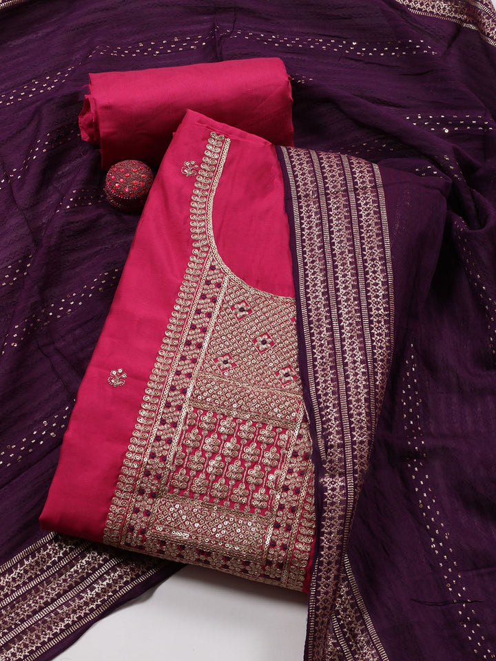 Neck Embroidered Chanderi Unstitched Suit Piece With Dupatta