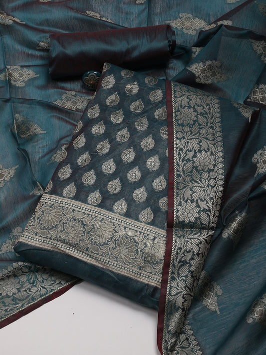 Woven Banarasi Chanderi Unstitched Suit With Dupatta