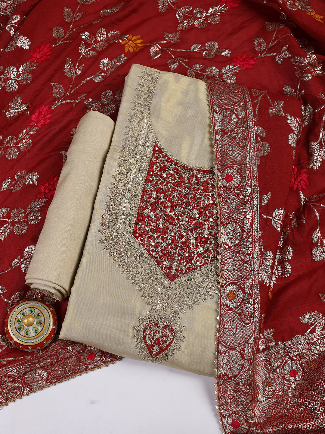 Neck Embroidery Chanderi Unstitched Suit With Dupatta