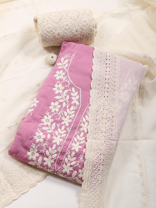 Neck Embroidered Cotton Blend Unstitched Suit Piece With Dupatta