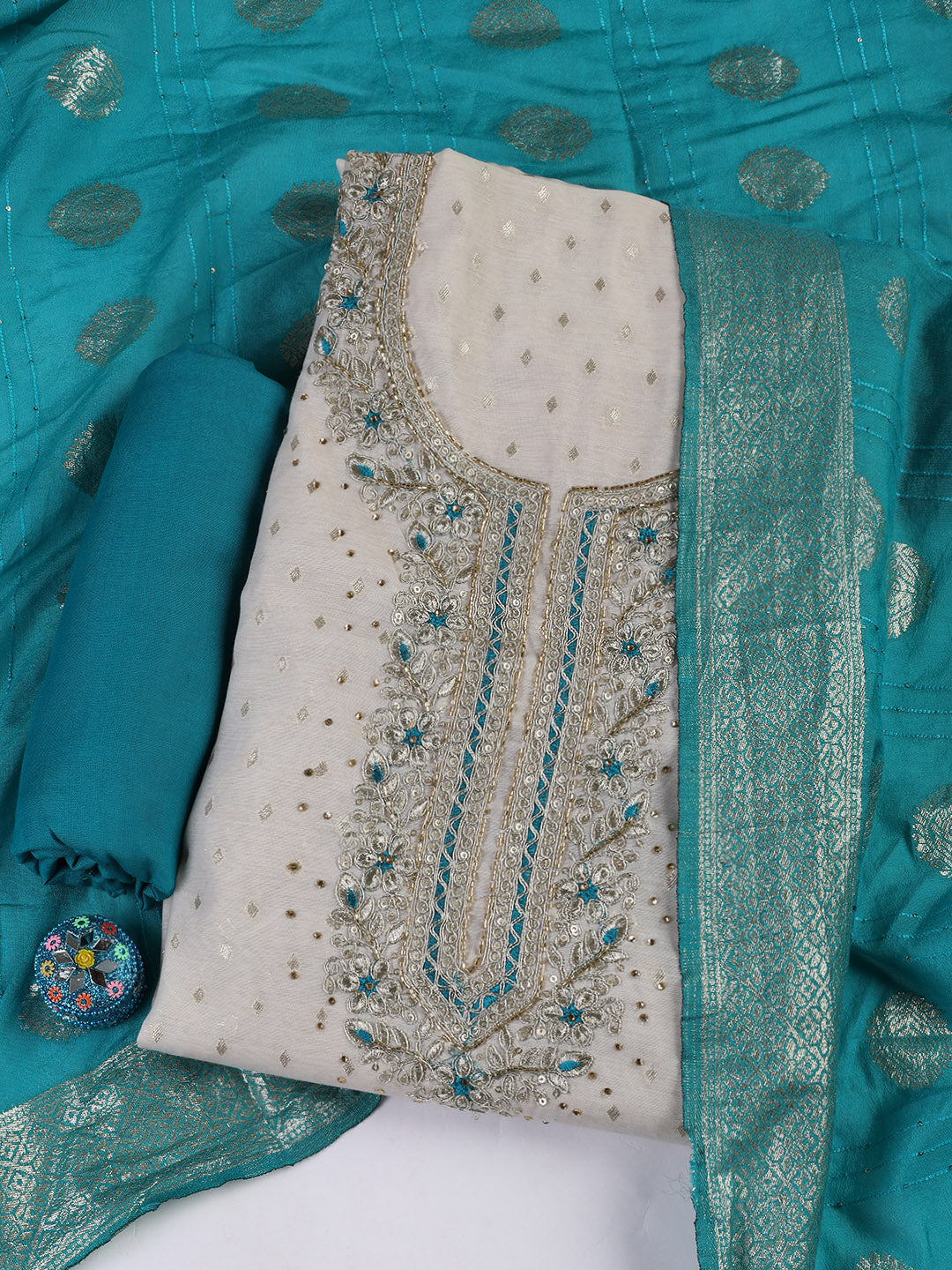 Neck Embroidery Chanderi Unstitched Suit With Dupatta