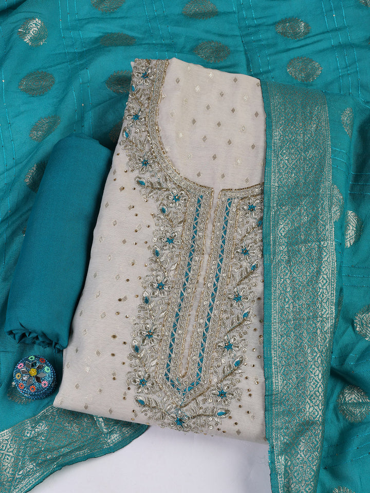 Neck Embroidery Chanderi Unstitched Suit With Dupatta