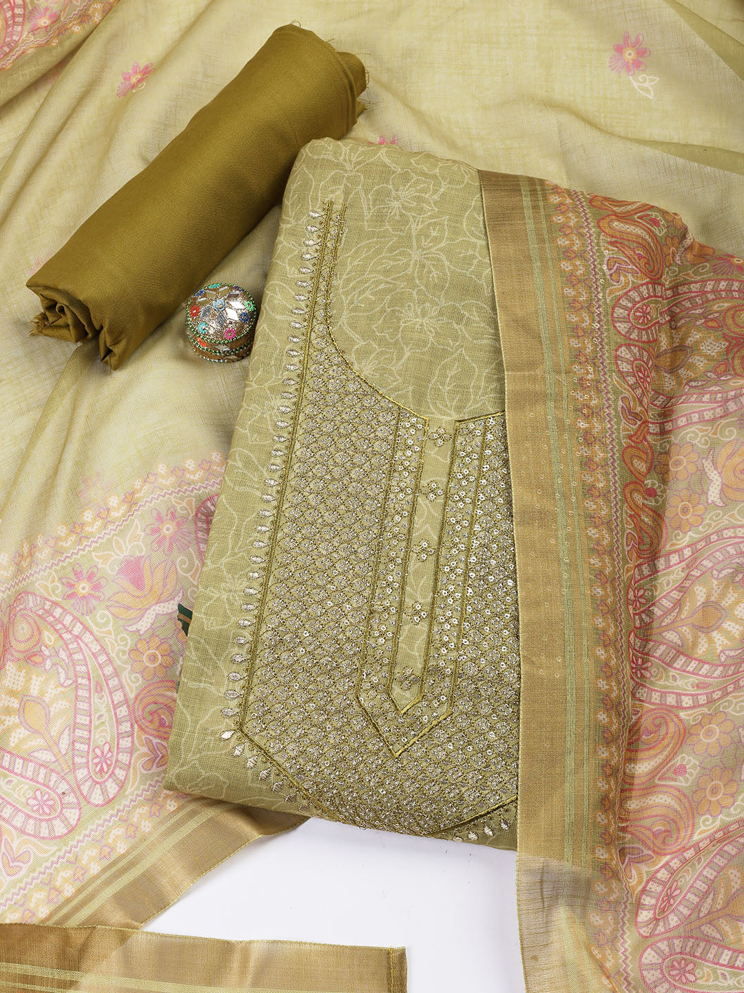 Neck Embroidered Cotton Blend Unstitched Suit With Dupatta