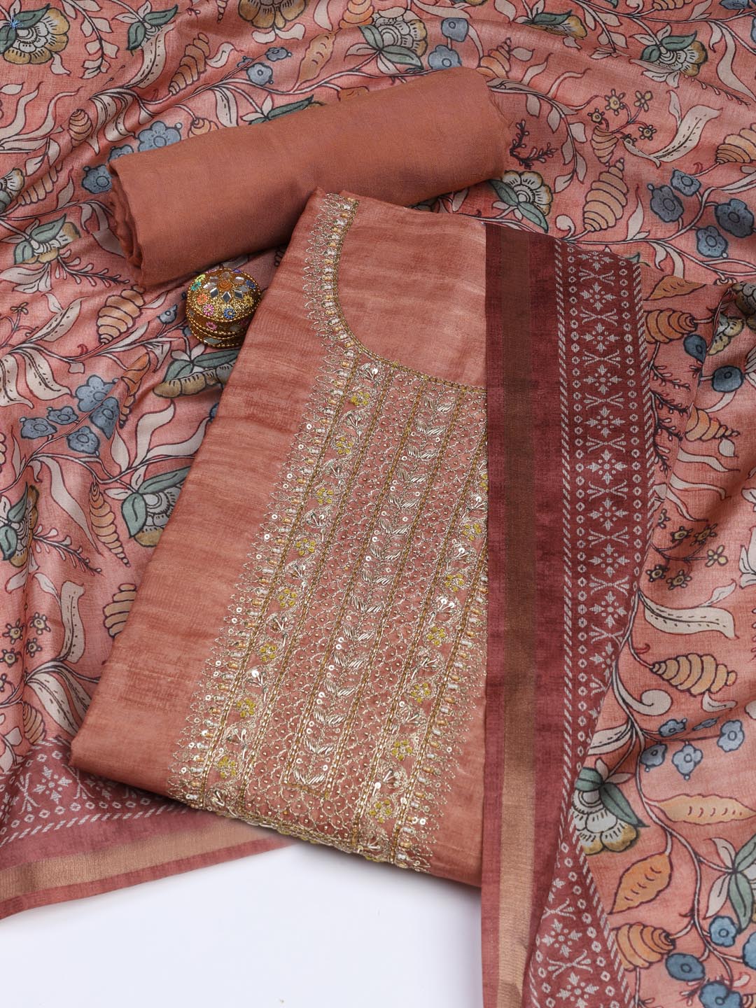 Neck Embroidery Art Tussar Unstitched Suit With Dupatta
