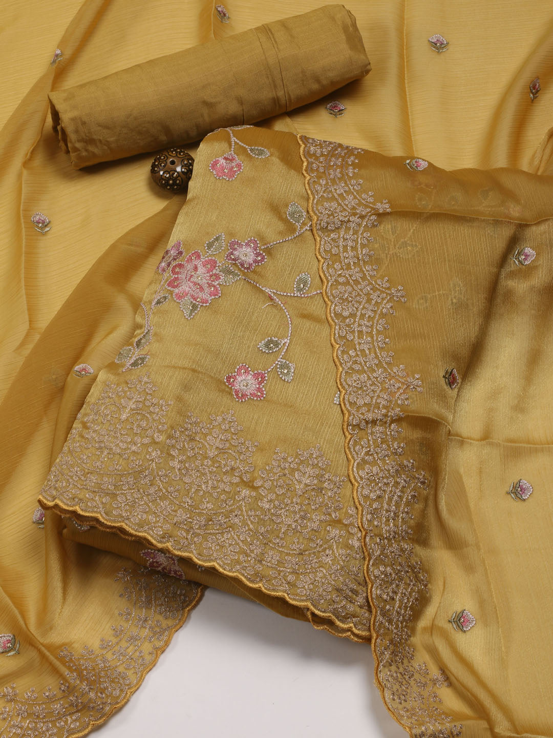 Embroidered Chinon Unstitched Suit With Dupatta