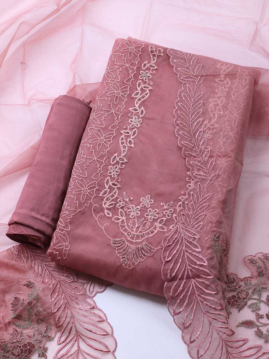 Neck Embroidered Organza Unstitched Suit Piece With Dupatta