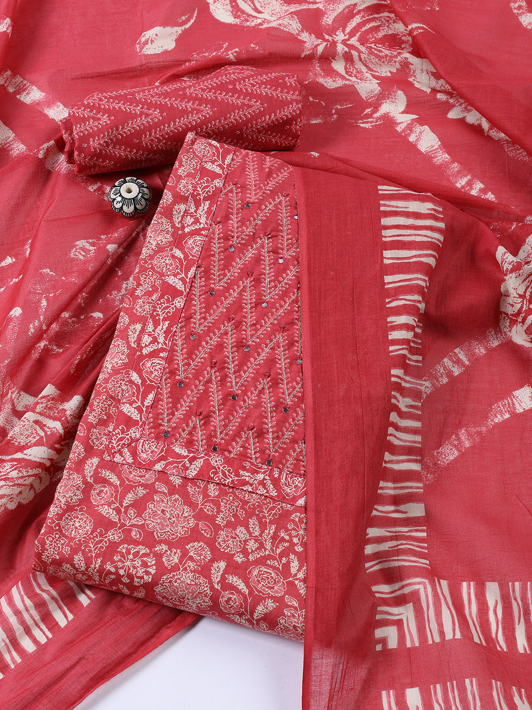 Printed Cotton Blend Unstitched Suit With Dupatta