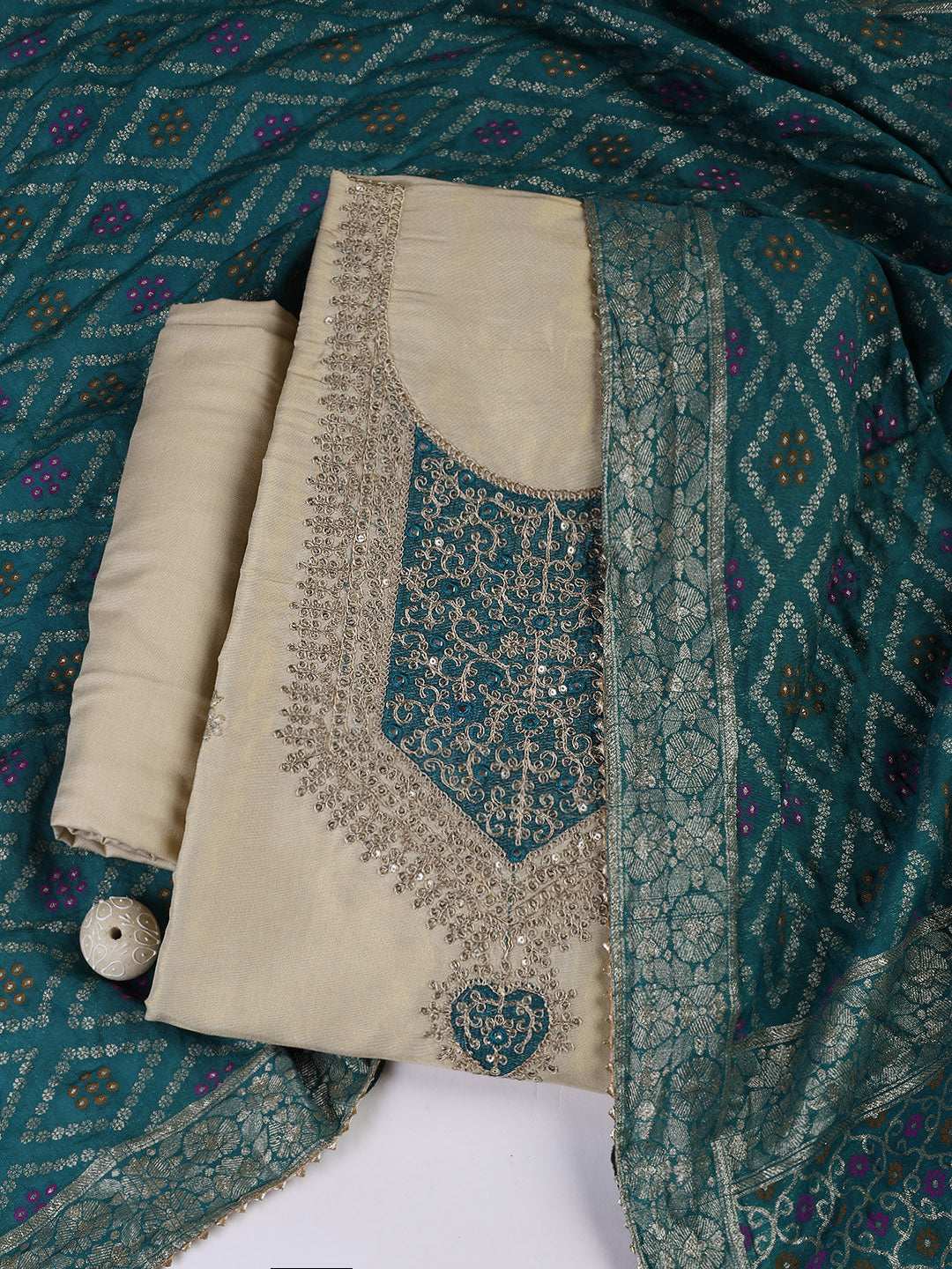 Neck Embroidery Chanderi Unstitched Suit With Dupatta