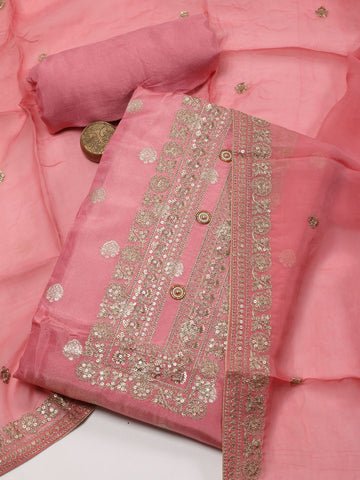 Neck Embroidered Chanderi Unstitched Suit With Dupatta