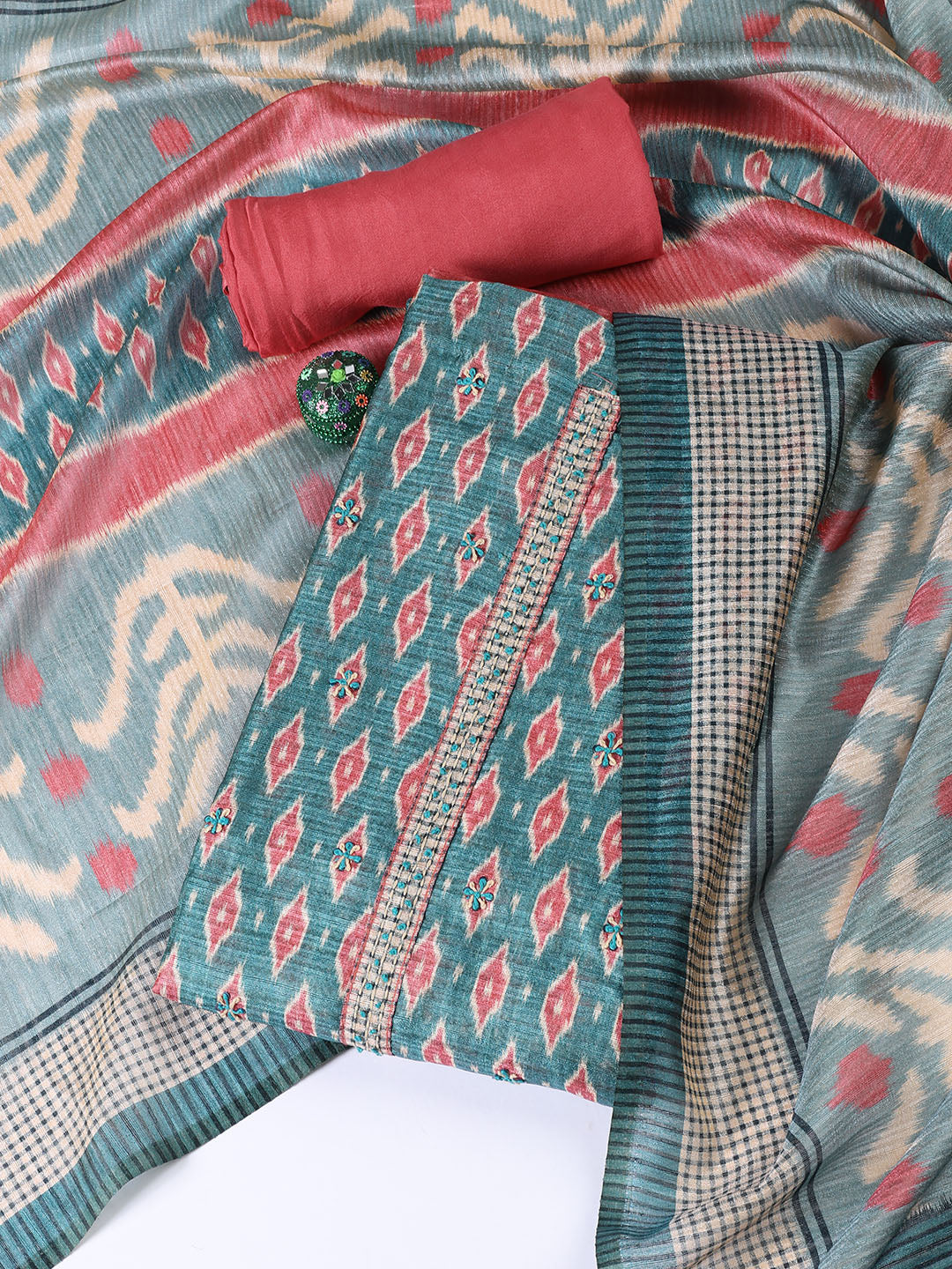 Kantha Work Chanderi Unstitched Suit With Dupatta