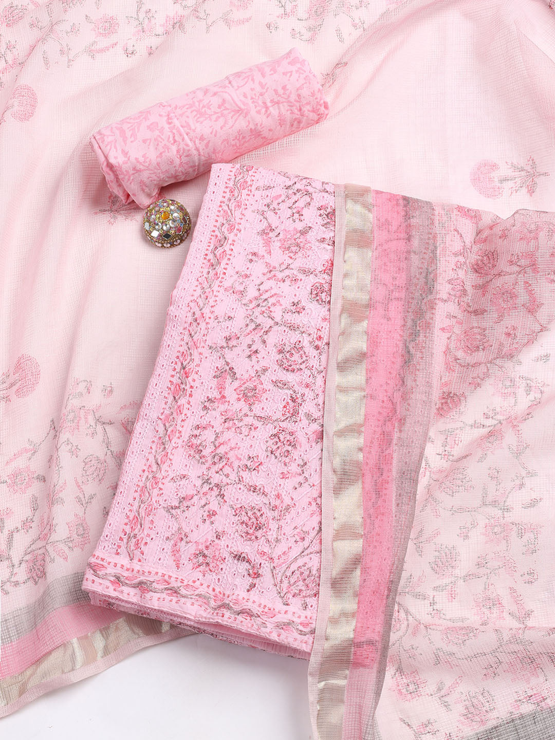 Printed Cotton Blend Unstitched Suit With Dupatta