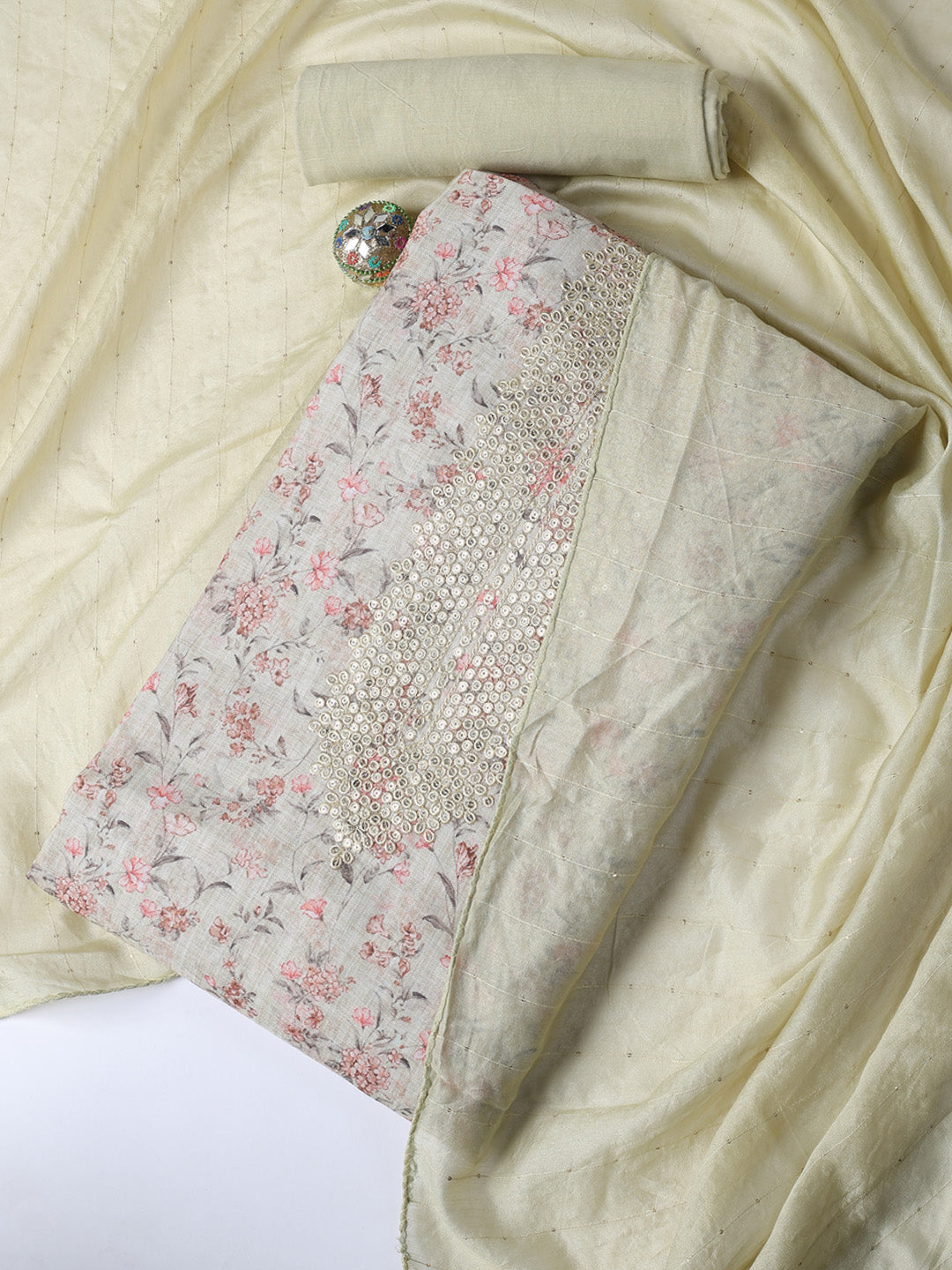 Neck Embroidery Linen Unstitched Suit With Dupatta