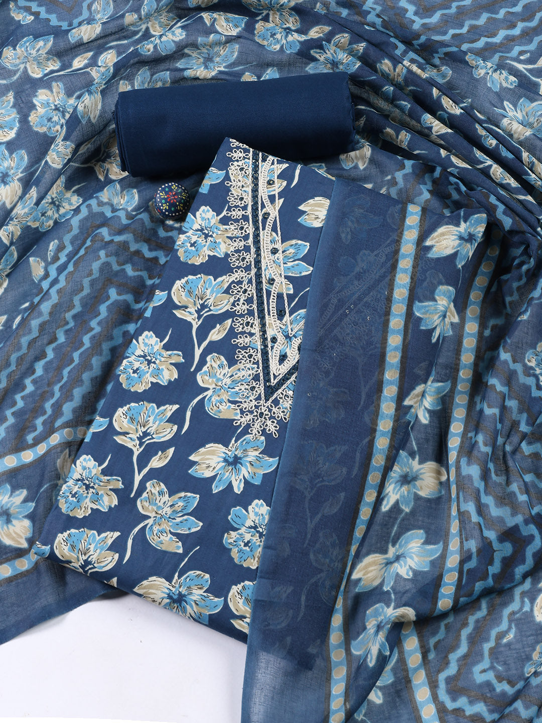 Printed Cotton Blend Unstitched Suit With Dupatta