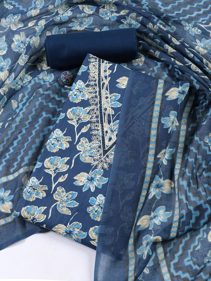 Printed Cotton Blend Unstitched Suit With Dupatta