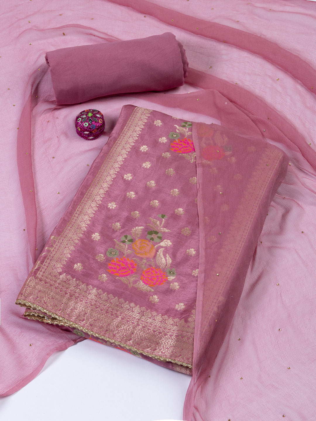 Woven Work Chanderi Unstitched Suit With Dupatta
