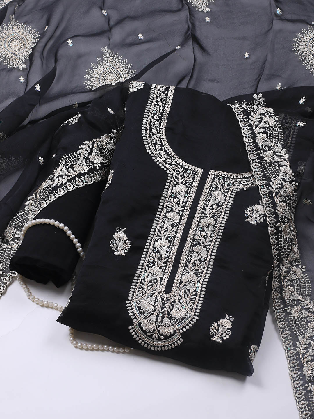 Neck Embroidery Organza Unstitched Suit Piece With Dupatta