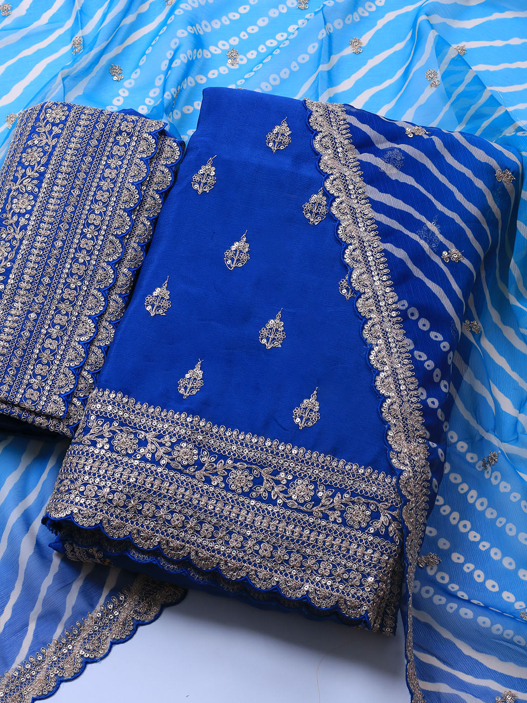 Embroidered Art Silk Unstitched Suit Piece With Dupatta
