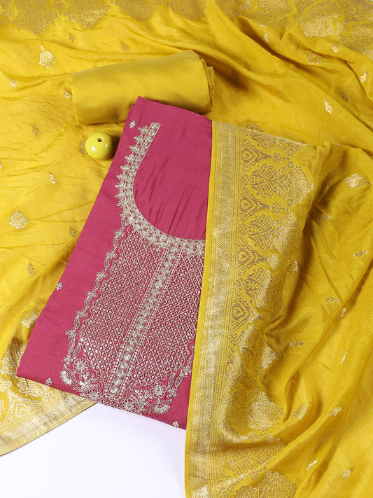 Neck Embroidered Chanderi Unstitched Suit Piece With Dupatta