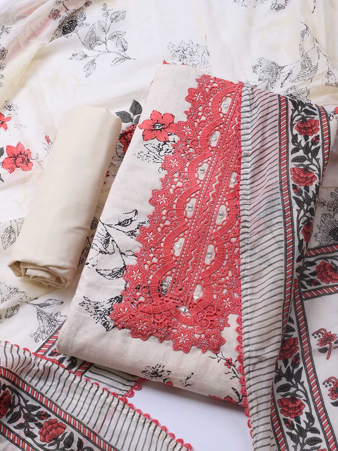Patch Neck Cotton Blend Unstitched Suit Piece With Dupatta