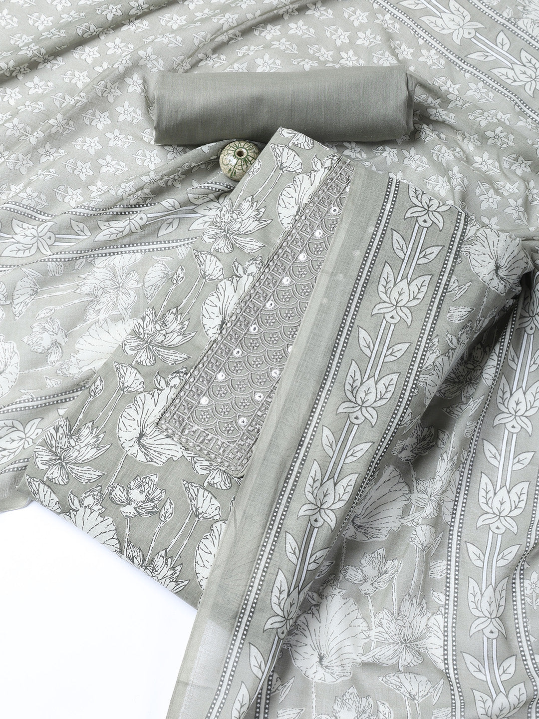 Neck Woek Cotton Blend Unstitched Suit With Dupatta