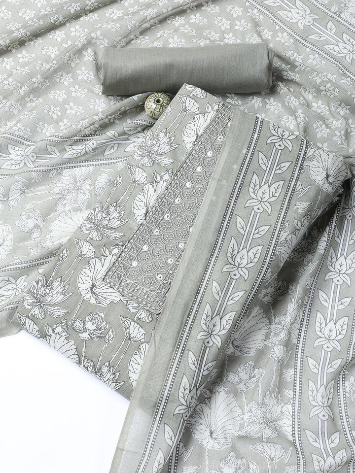 Neck Woek Cotton Blend Unstitched Suit With Dupatta
