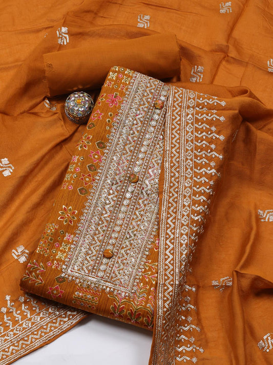 Embroidered Cotton Blend Unstitched Suit Piece With Dupatta