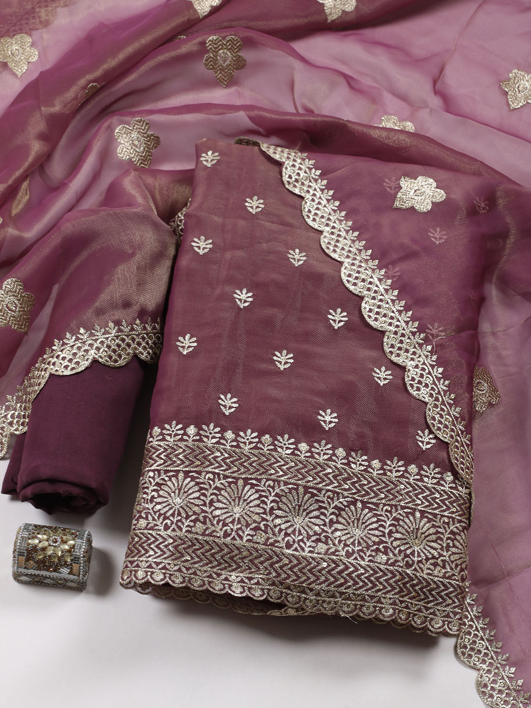 Neck Embroidered Tissue Unstitched Suit With Dupatta
