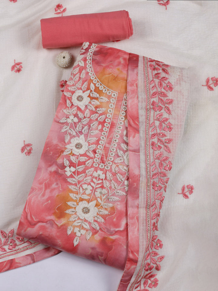 Neck Embroidered Cotton Blend Unstitched Suit Piece With Dupatta