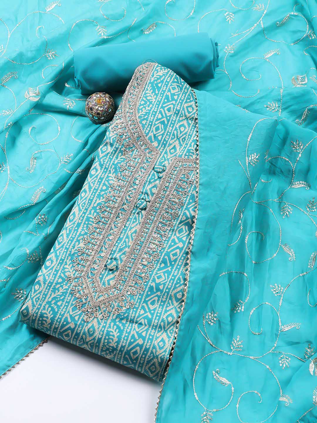 Neck Embroidered Cotton Blend Unstitched Suit Piece With Dupatta
