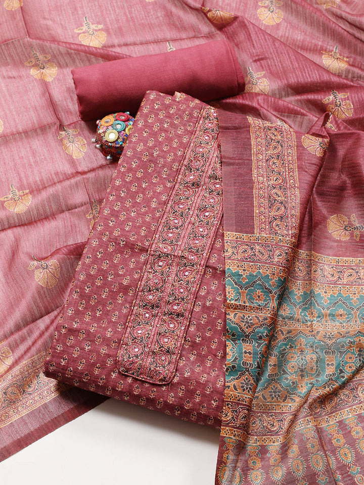 Neck Embroidered Chanderi Unstitched Suit With Dupatta