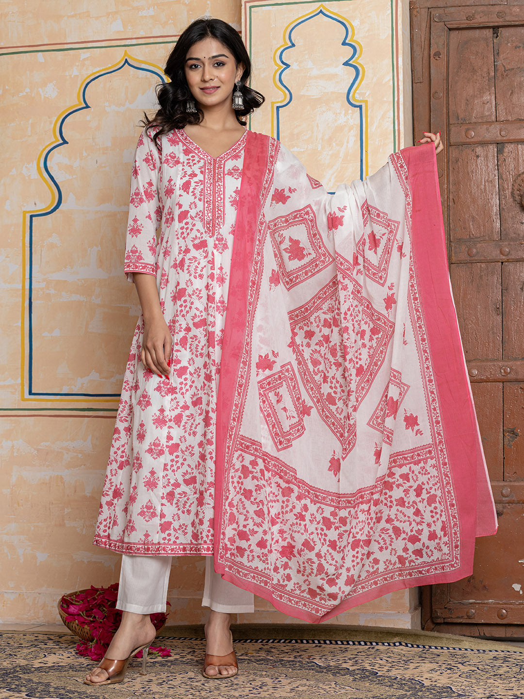 Printed Cotton Blend Kurta With Pants & Dupatta