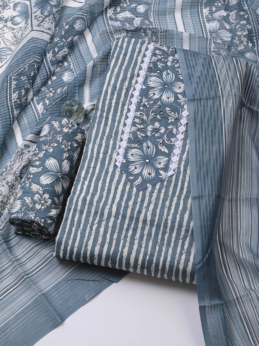 Printed Cotton Blend Unstitched Suit With Dupatta