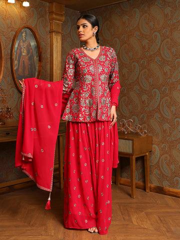 Zari Embroidery Georgette Kurti With Sharara & Dupatta