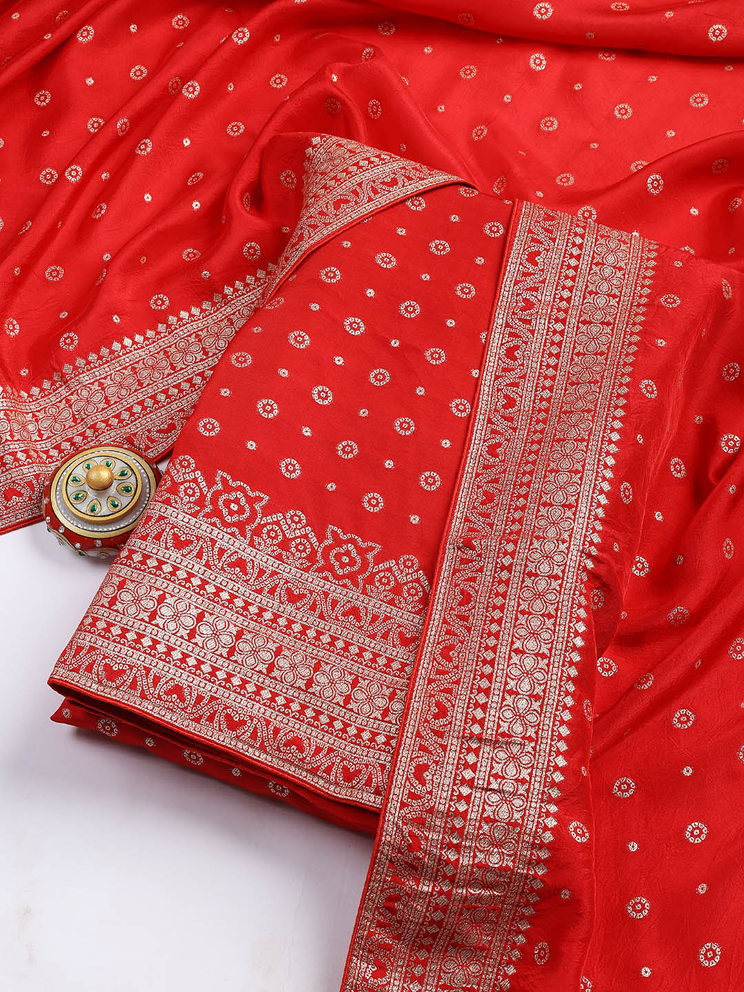 Embroidered Art Silk Unstitched Suit Piece With Dupatta