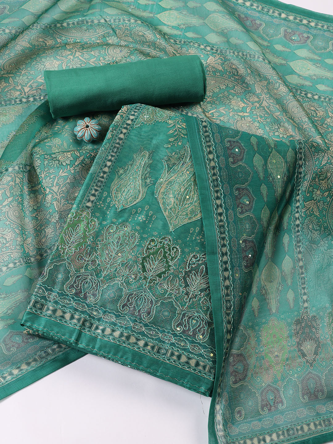Neck Patti Chanderi Unstitched Suit With Dupatta