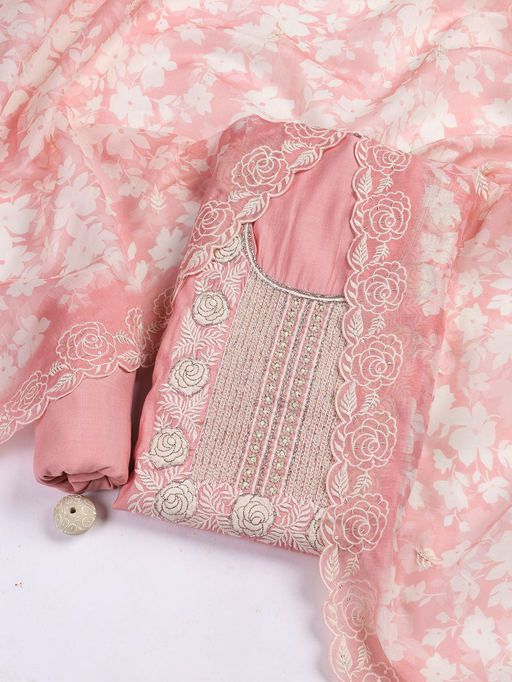 Neck Embroidery Chanderi Unstitched Suit With Dupatta