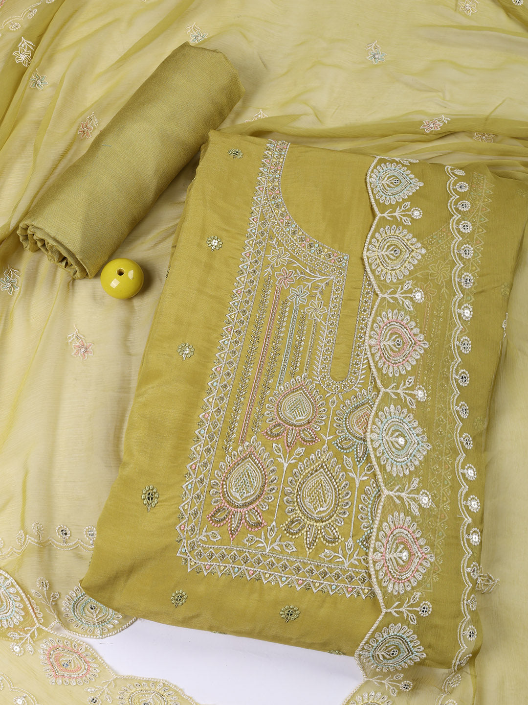 Embroidered Chanderi Unstitched Suit Piece With Dupatta