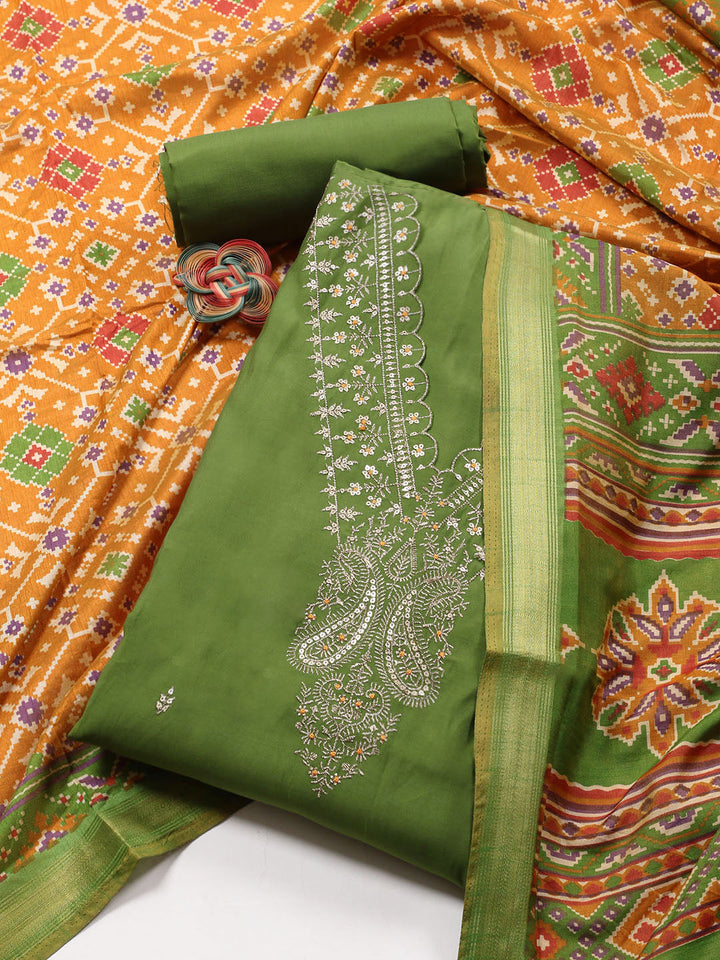 Neck Embroidered Chanderi Unstitched Suit Piece With Dupatta