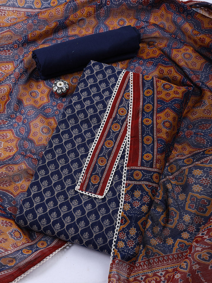 Printed Cotton Blend Unstitched Suit With Dupatta